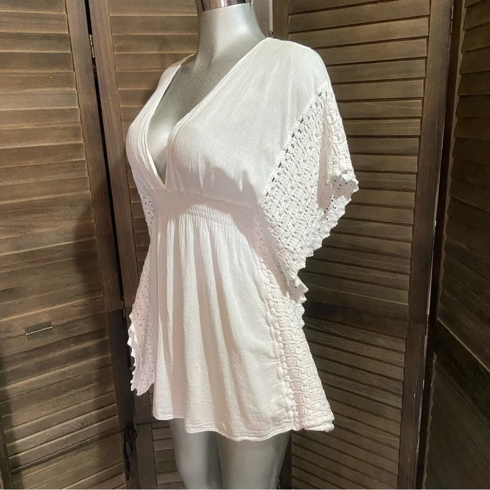 SEASPICE Resort Wear White Coverup Dress Sz Medium Peruvian Cotton Beach Coastal